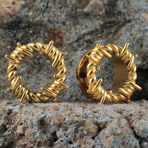 2PCS 316L Stainless Steel Round Thorns Ear Gauges Plugs Tunnels Expander 18K Gold
