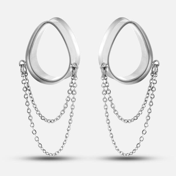 2PCS Stainless Steel Ear Gauges Tunnels Teardrop Chain Plugs Stretchers