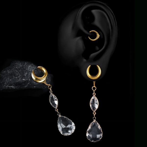 2PCS Luxury Ear Tunnels Dangle Gauges Crystal Earrings