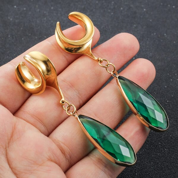 2PCS Green Crystal Stone Ear Dangle Plugs Tunnels