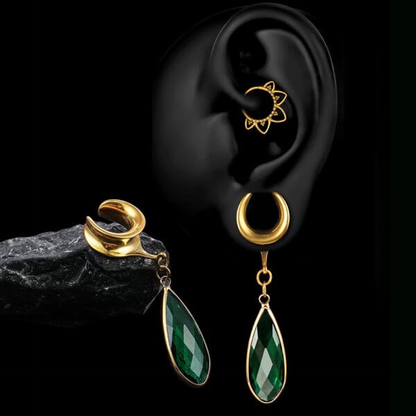 2PCS Green Crystal Stone Ear Dangle Plugs Tunnels