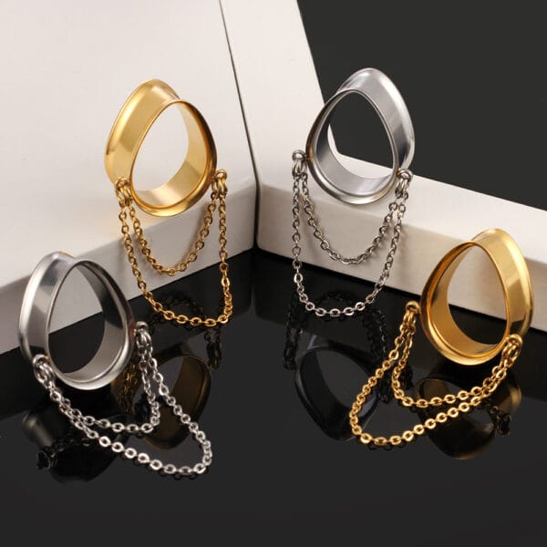 2PCS Stainless Steel Ear Gauges Tunnels Teardrop Chain Plugs Stretchers