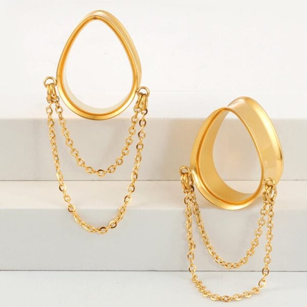 2PCS Stainless Steel Ear Gauges Tunnels Teardrop Chain Plugs Stretchers